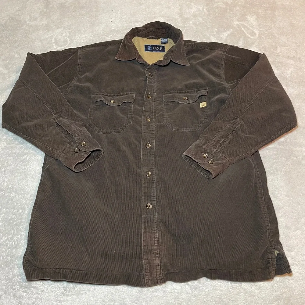 IZOD Jeans Jacket Mens Large Brown Corduroy Fleece Lined Shirt Button Up Sherpa